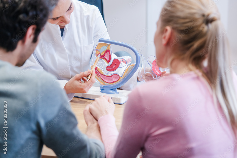 Couple wishing to have children in fertility clinic with doctor looking happy upon good news